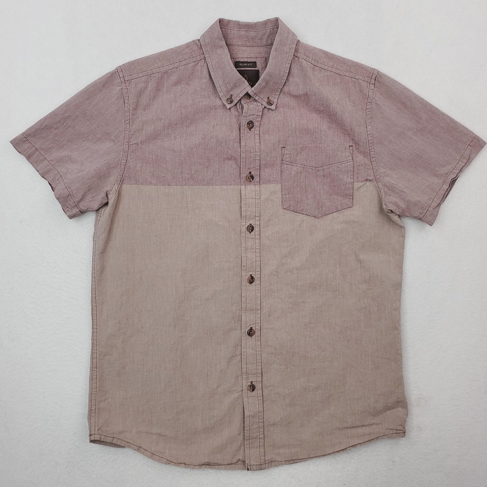 PrAna Shirt Mens Medium Chambray Colorblock Button Up Short Sleeve Slim Fit